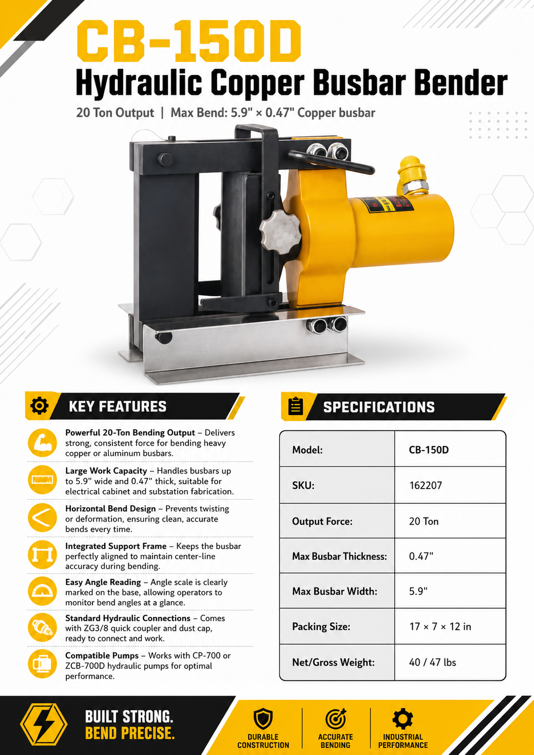 CB-150D Hydraulic Busbar Bending Machine, 0.47 inch Copper Busbar Bending with 20T Pressure