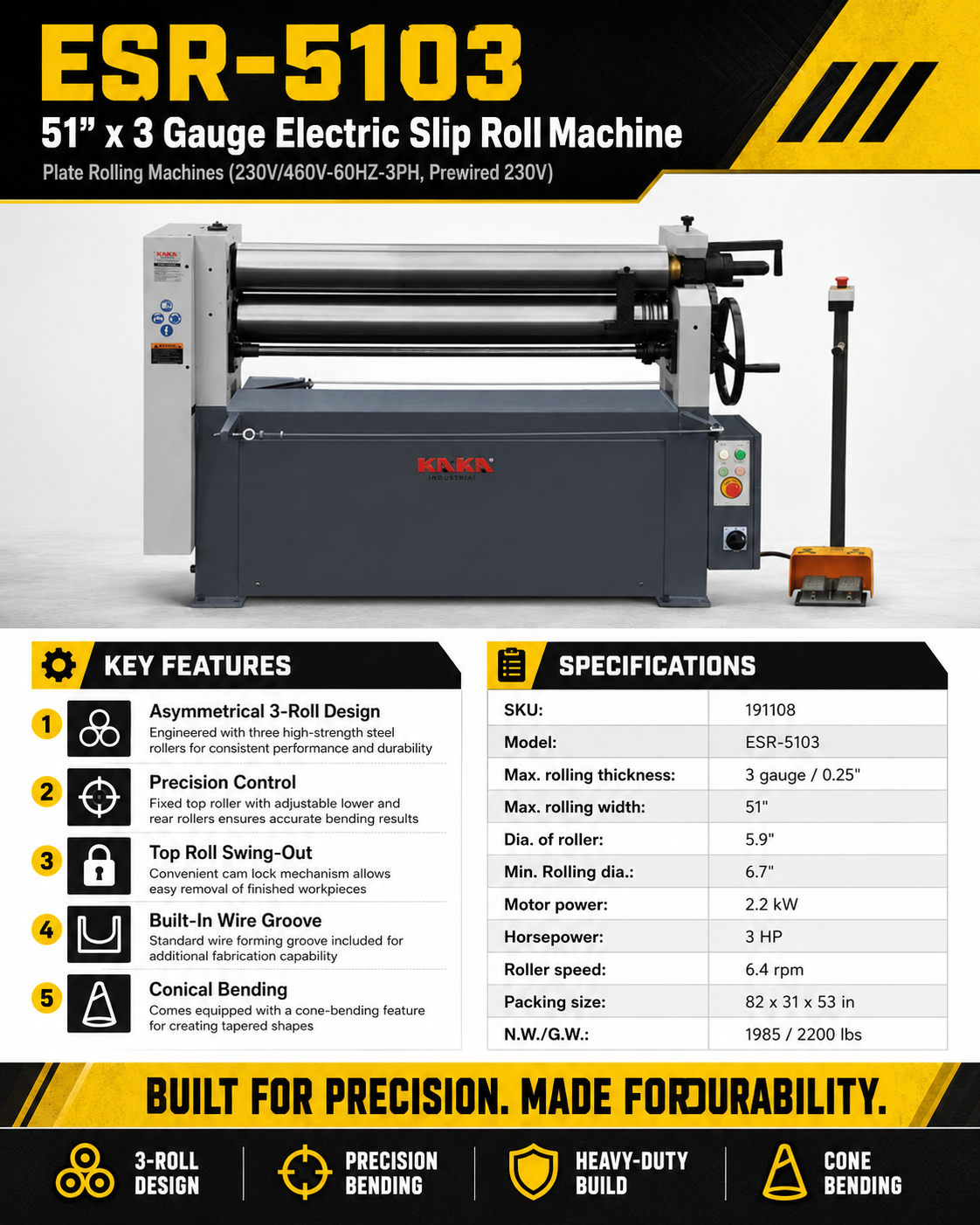 ESR-5103 51″ x 3 Gauge Electric Slip Roll Machine, Plate Rolling Machines (230V/460V-60HZ-3PH, Prewired 230V)