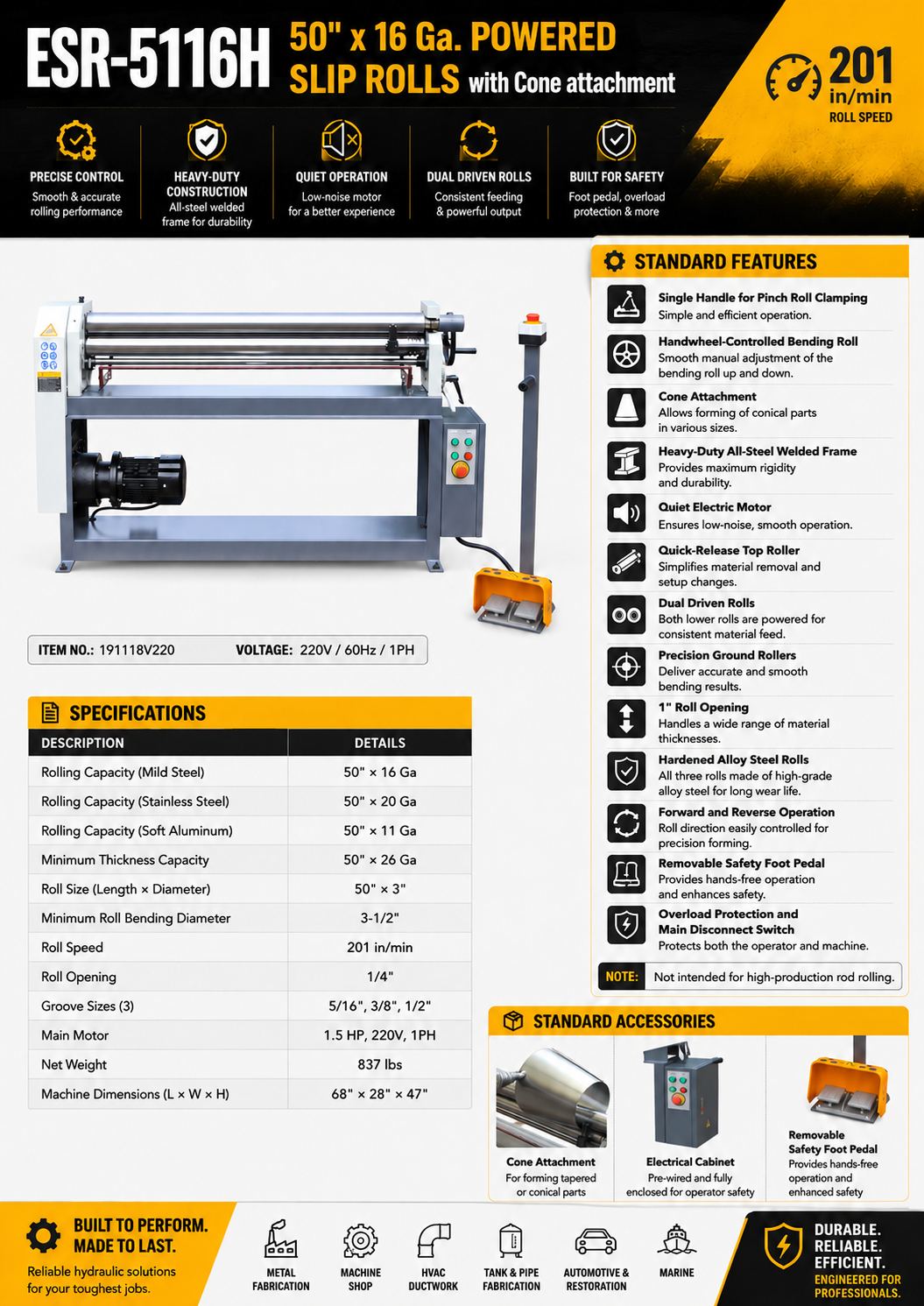 ESR-5116H, 50" x 16 Ga. POWERED SLIP ROLLS with Cone attachment (220V-60HZ-1PH)
