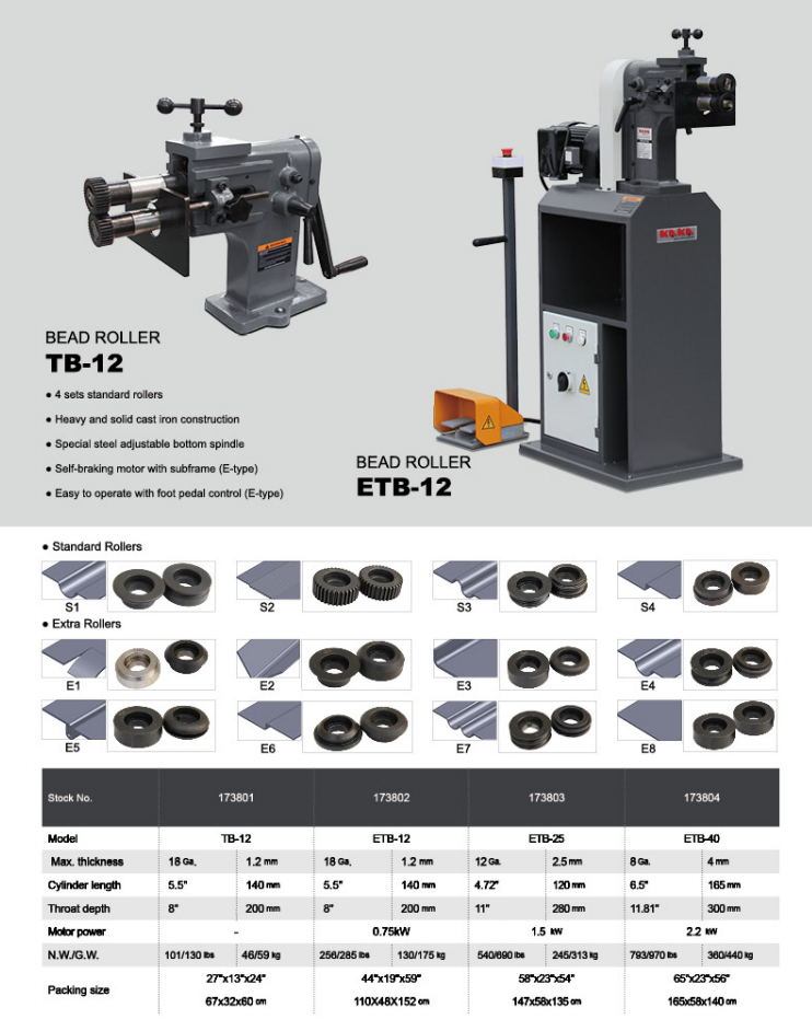 ETB-12 Electric Bead Bending Machine, Sheet Metal Beading Machine.115V-60HZ-1PH .