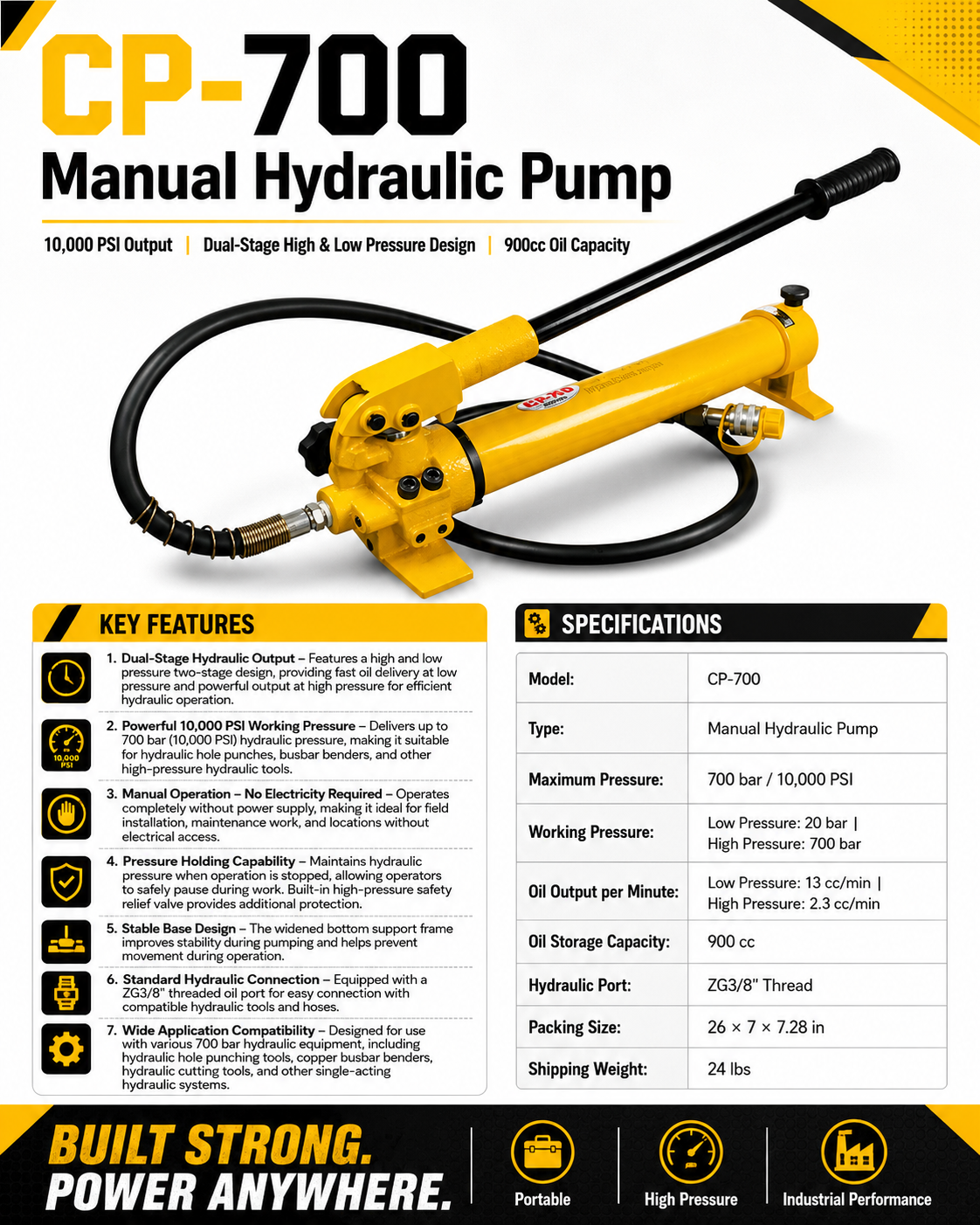 Kaka Industrial Hydraulic Hand Pump CP-700  10000 psi Hydraulic Hand Pump 2 Speed Power Pack Hydraulic Lifting Pump  Low Profile Jack Single Acting for Industry Construction