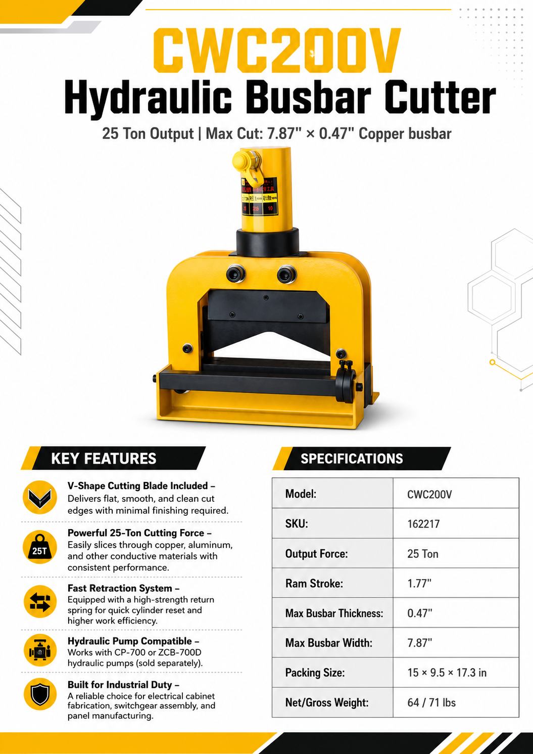 CWC200V Hydraulic Busbar Cutter, V Blade, 25T Output Force, 0.47X7.8 inch Cutting Capacity