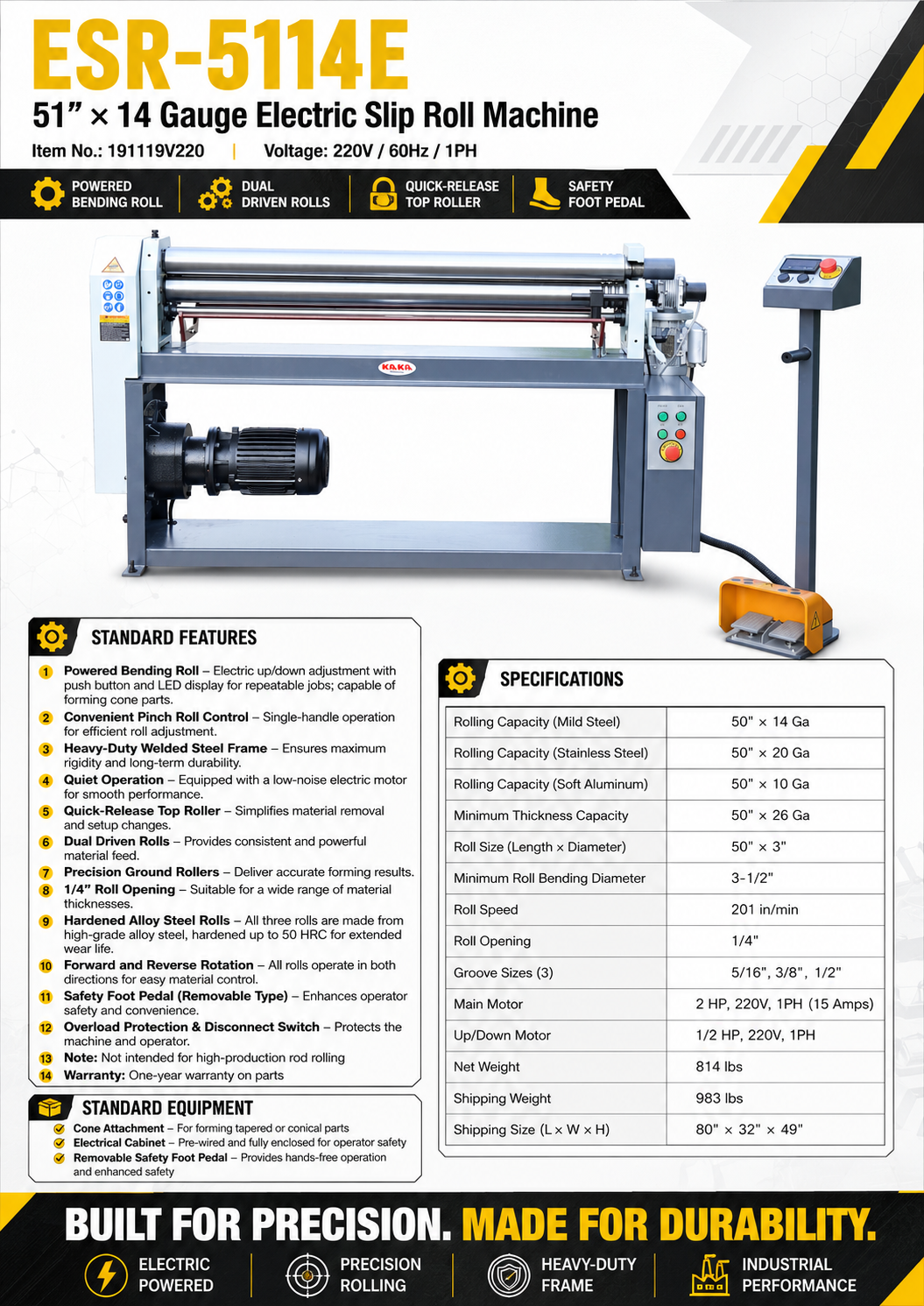 ESR-5114E, 51″ x 14 Ga. POWERED SLIP ROLLS with Cone attachment (220V-60HZ-1PH)