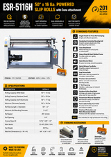 ESR-5116H, 50" x 16 Ga. POWERED SLIP ROLLS with Cone attachment (220V-60HZ-1PH)