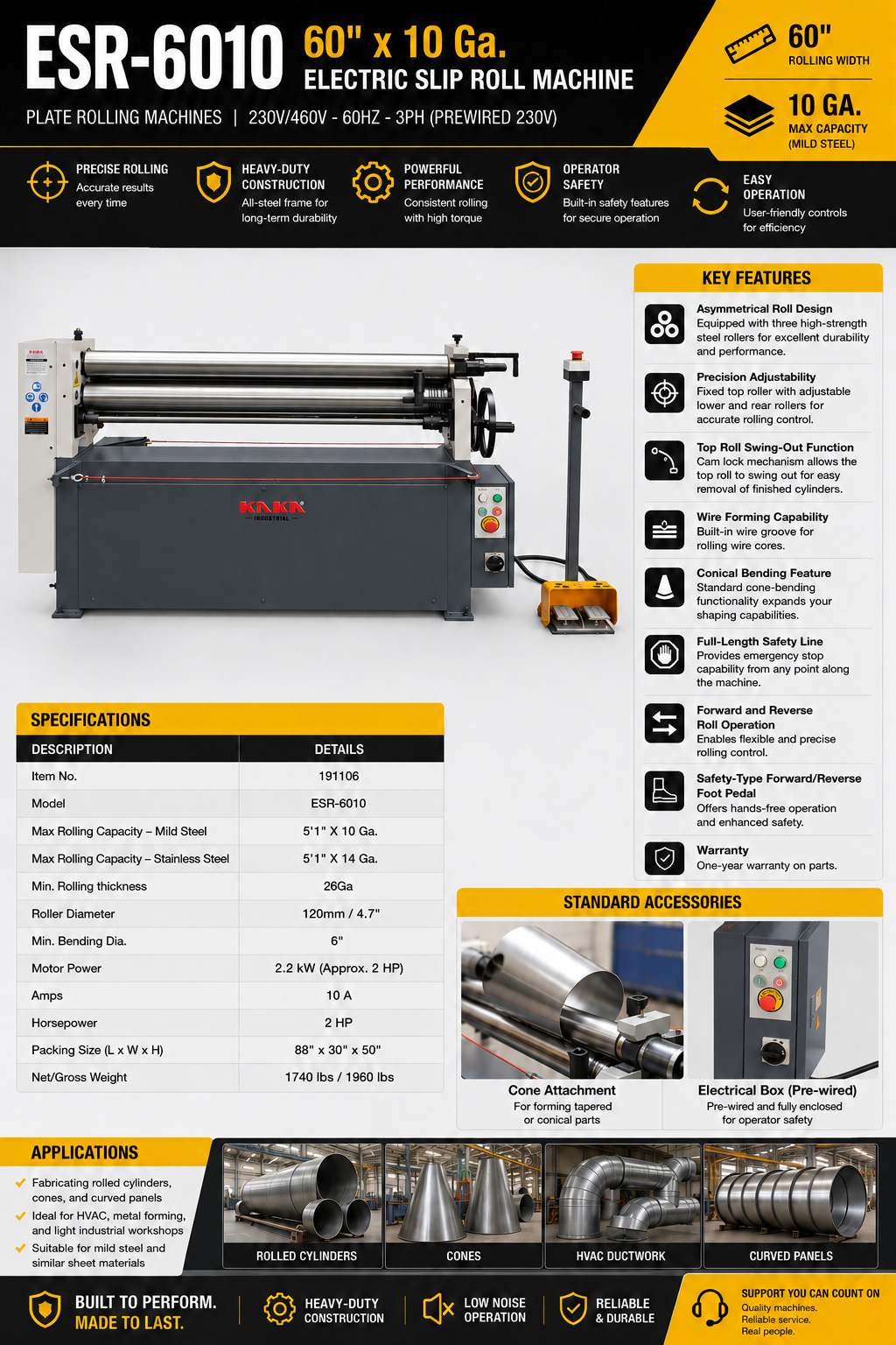 ESR-6010 60″ x 10 Gauge Electric Slip Roll Machine, Plate Rolling Machines (230V/460V-60HZ-3PH,Prewired 230V)