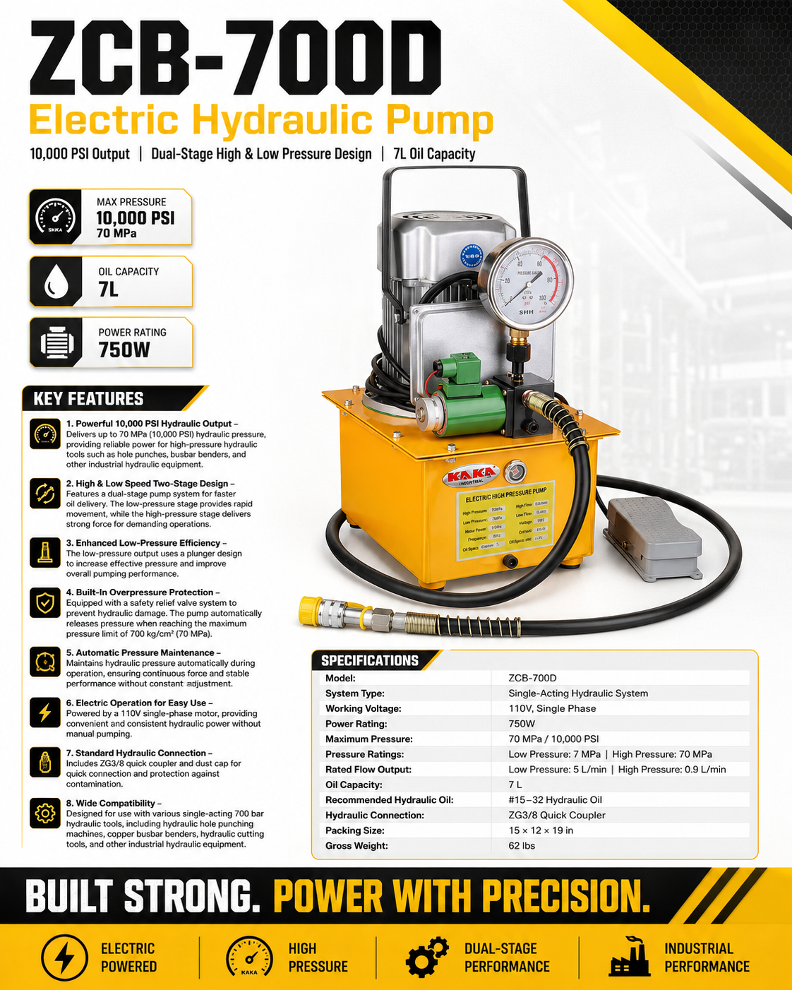 Kaka Indsutrial ZCB-700D 10000 PSI Hydraulic Electric Pump 750W Single Acting 110V Solenoid Pedal 7L Hydraulic Power Pack Cylinder